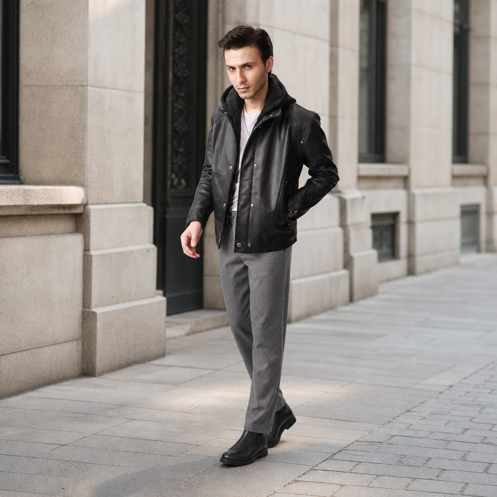 Coalspire Black Leather Double-layered Hooded Jacket For Men Black – Styled Editorial Shot