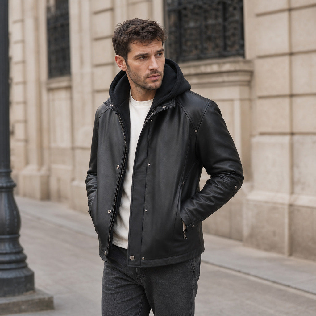 Coalspire Black Leather Double-layered Hooded Jacket For Men Black – Styled Editorial Shot