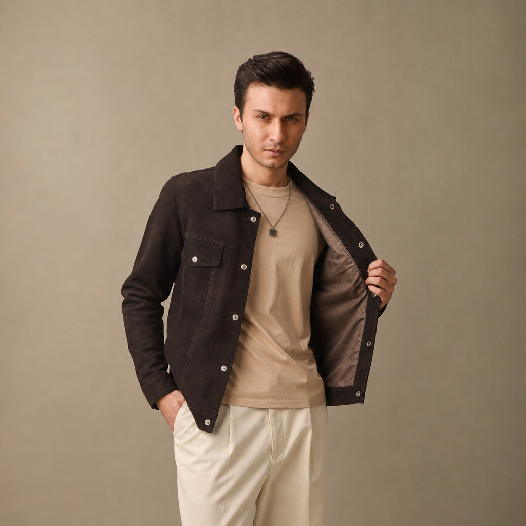 Colin Brown Suede Leather Trucker Jacket For Men Brown – Side Angle View