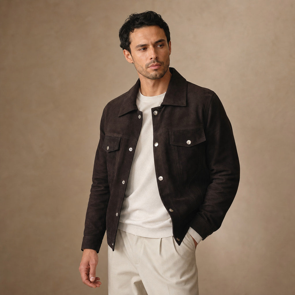 Colin Brown Suede Leather Trucker Jacket For Men Brown – Side Angle View