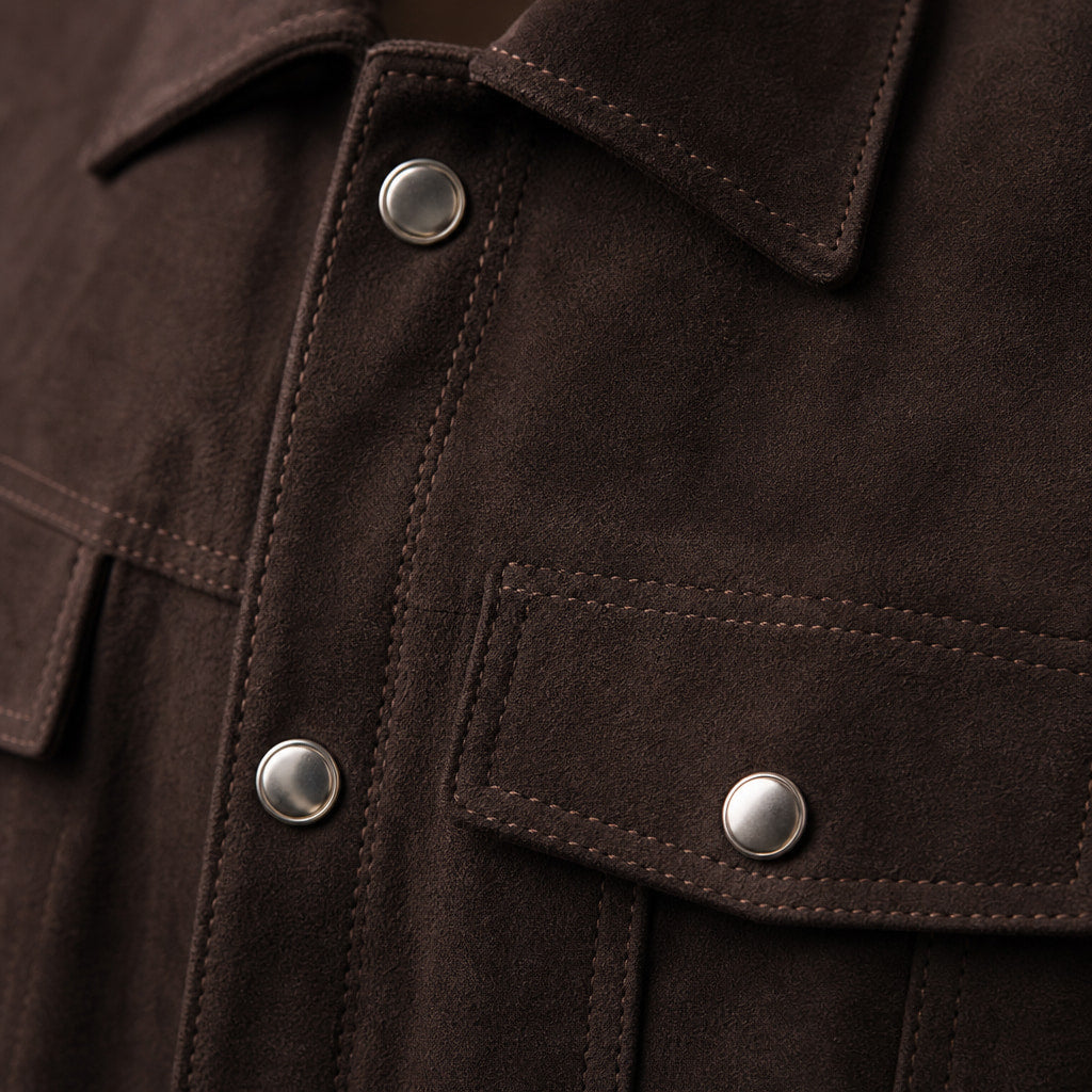 Colin Brown Suede Leather Trucker Jacket For Men Brown – Fabric and Detail Close-Up