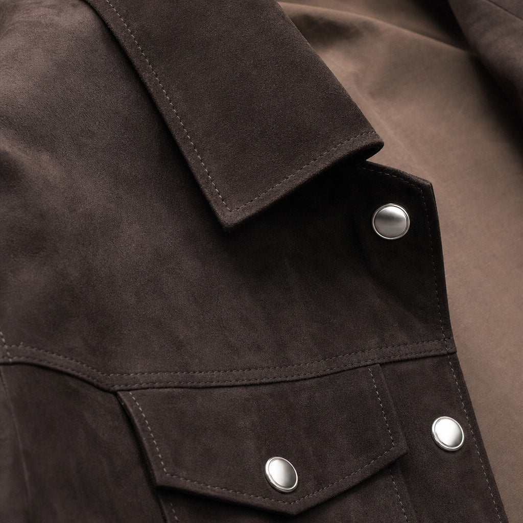 Colin Brown Suede Leather Trucker Jacket For Men Brown – Fabric and Detail Close-Up