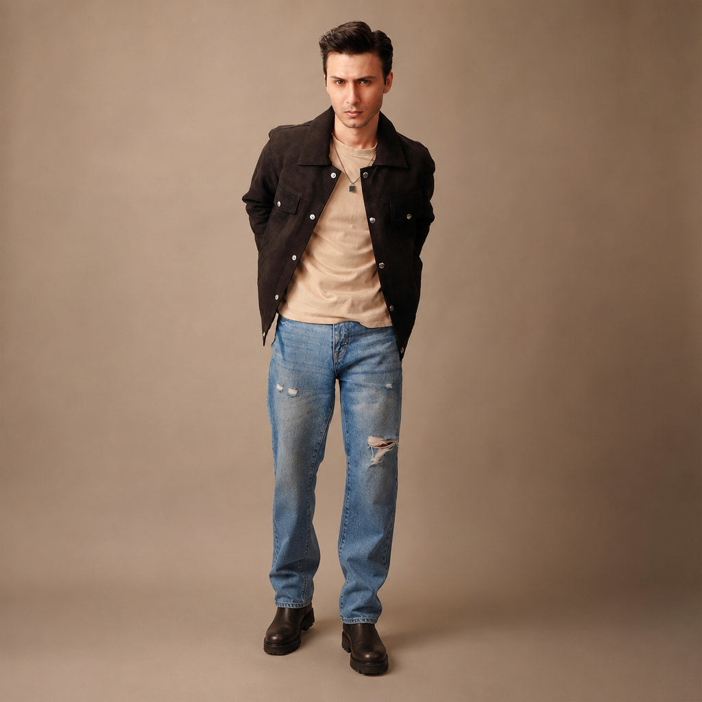 Colin Brown Suede Leather Trucker Jacket For Men Brown – Full Look