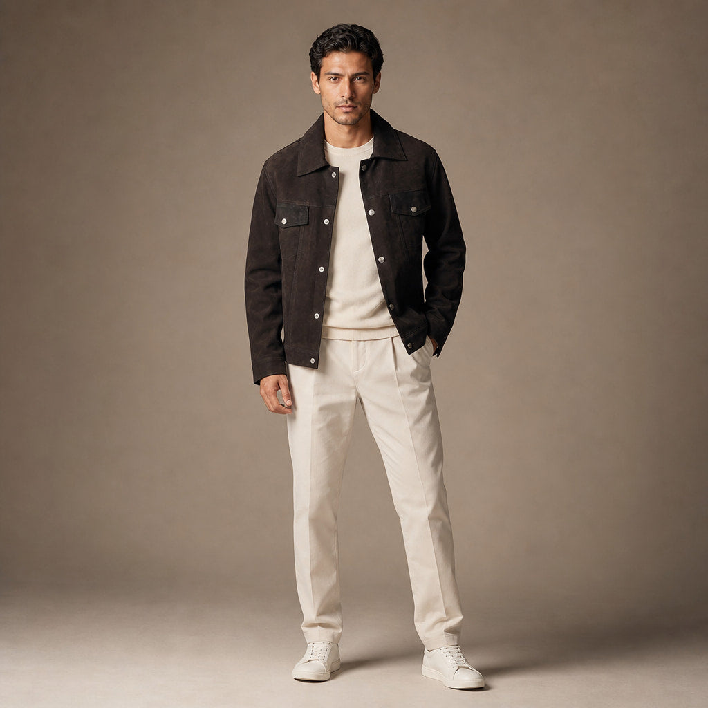 Colin Brown Suede Leather Trucker Jacket For Men Brown – Full Look