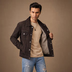 Colin Brown Suede Leather Trucker Jacket For Men in Brown – Tarlano Premium Menswear