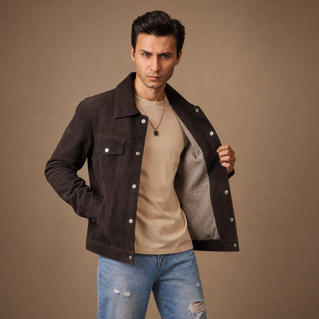 Colin Brown Suede Leather Trucker Jacket For Men in Brown – Tarlano Premium Menswear