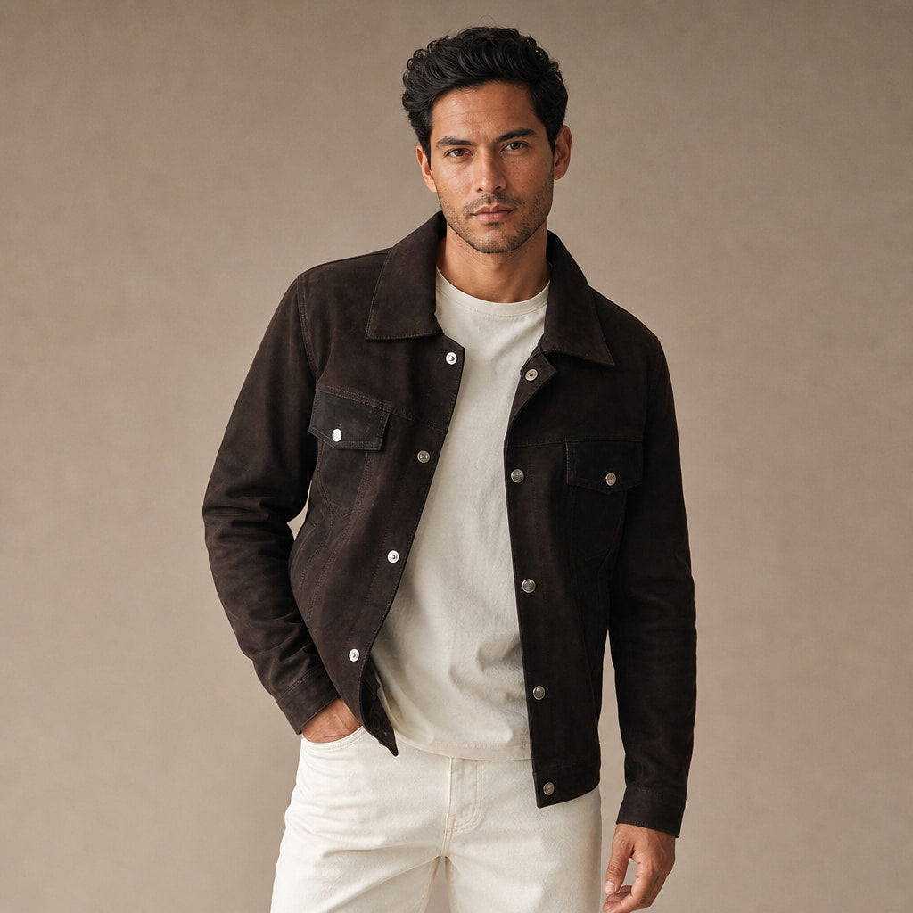 Colin Brown Suede Leather Trucker Jacket For Men in Brown – Tarlano Premium Menswear