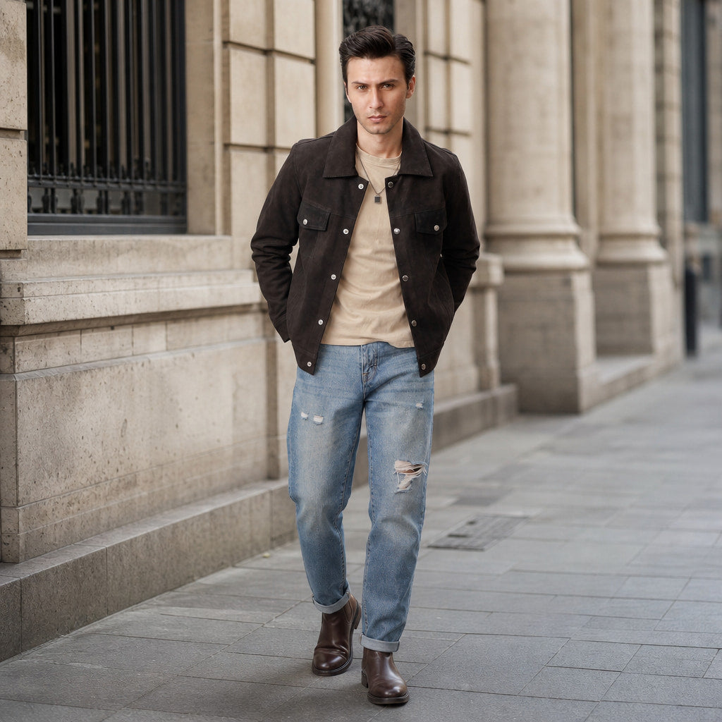 Colin Brown Suede Leather Trucker Jacket For Men Brown – Styled Editorial Shot
