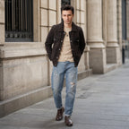 Colin Brown Suede Leather Trucker Jacket For Men Brown – Styled Editorial Shot