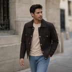 Colin Brown Suede Leather Trucker Jacket For Men Brown – Styled Editorial Shot