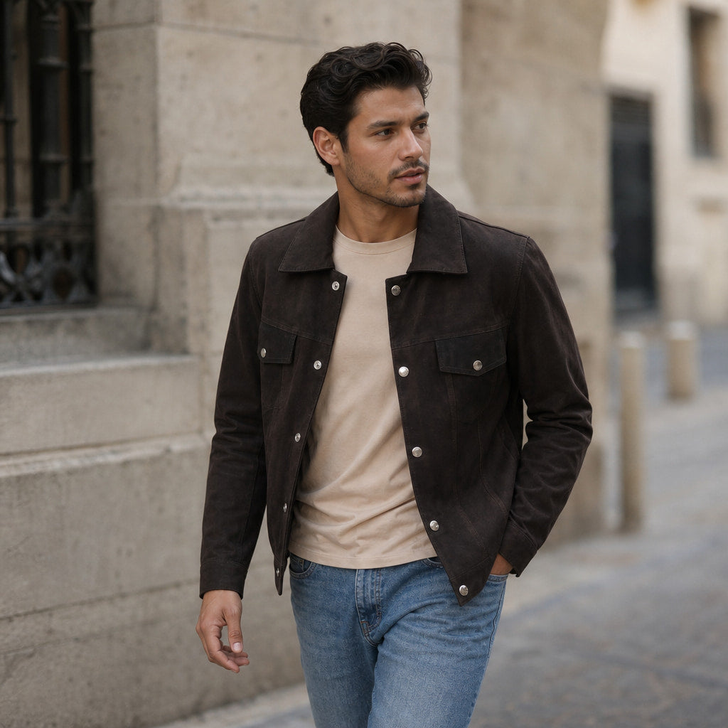 Colin Brown Suede Leather Trucker Jacket For Men Brown – Styled Editorial Shot