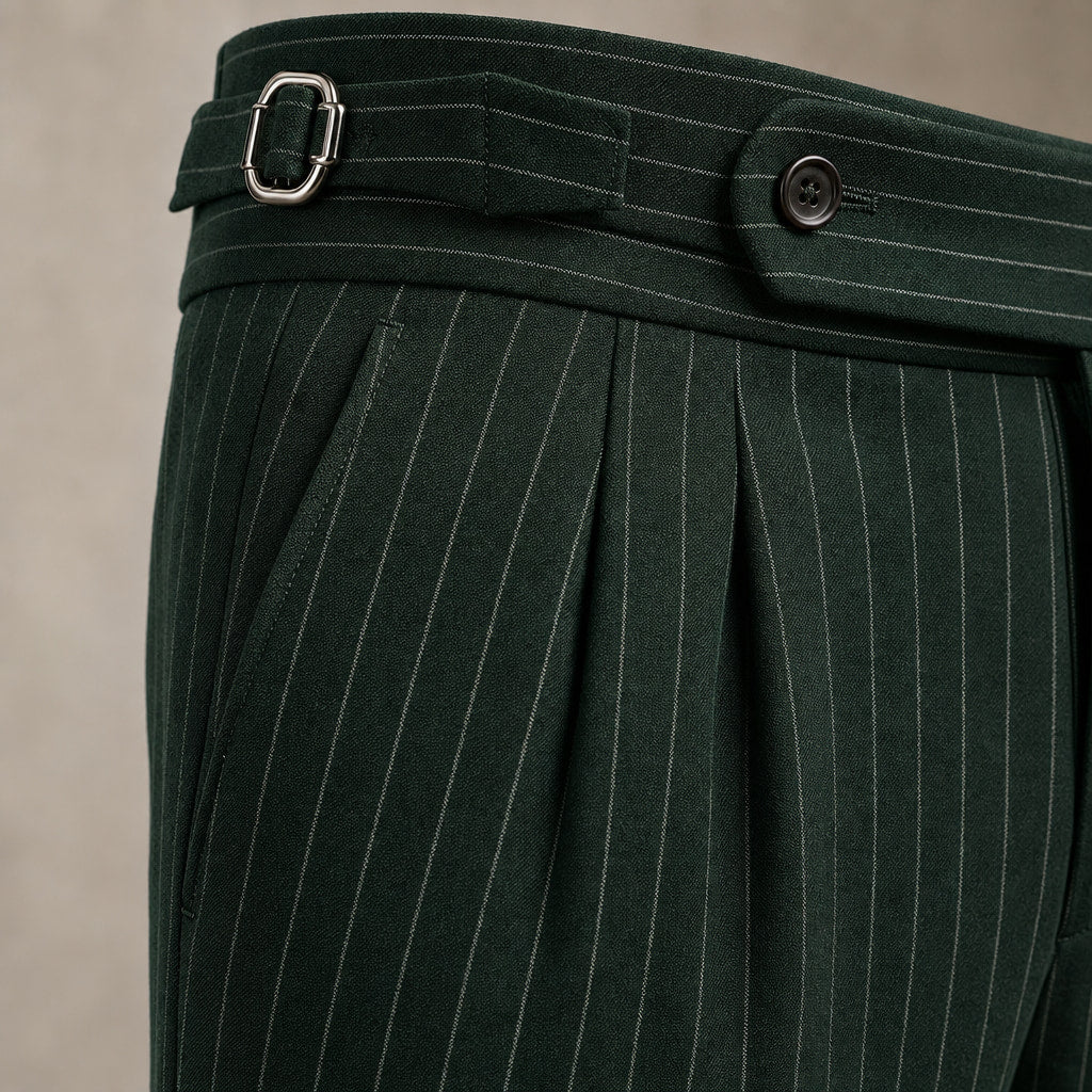 Dress Pants Pleated Front Slim Fit Green – Fabric and Detail Close-Up