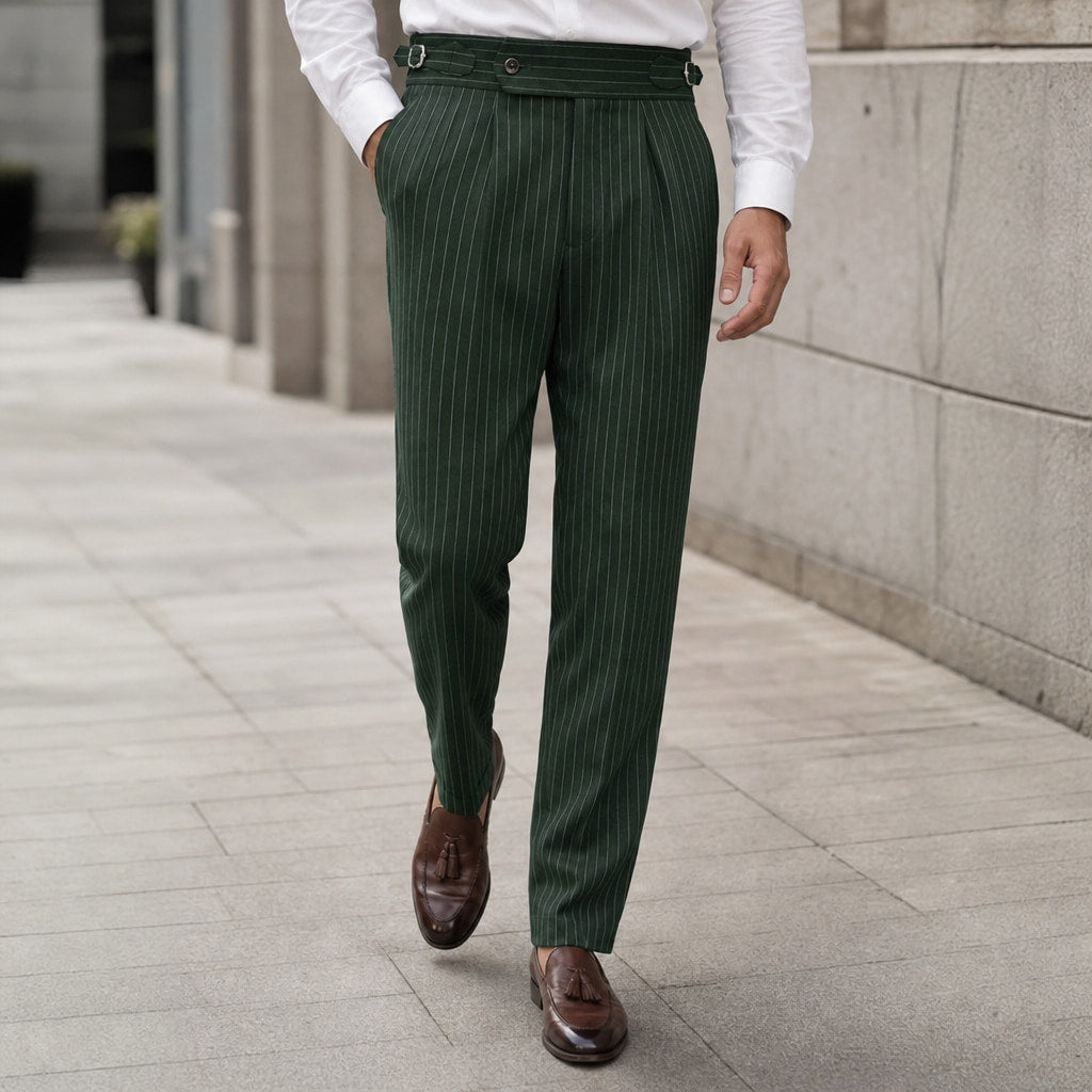 Dress Pants Pleated Front Slim Fit Green – Styled Editorial Shot