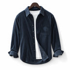 Corduroy-Style Ribbed Button-Front Shirt Long Sleeve Pointed Collar Dark Blue – Product Photo
