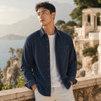 Corduroy-Style Ribbed Button-Front Shirt Long Sleeve Pointed Collar Dark Blue – Styled Editorial Shot