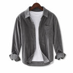 Corduroy-Style Ribbed Button-Front Shirt Long Sleeve Pointed Collar Gray – Product Photo