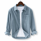 Corduroy-Style Ribbed Button-Front Shirt Long Sleeve Pointed Collar Light Blue – Product Photo