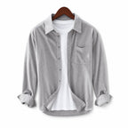Corduroy-Style Ribbed Button-Front Shirt Long Sleeve Pointed Collar Light Gray – Product Photo