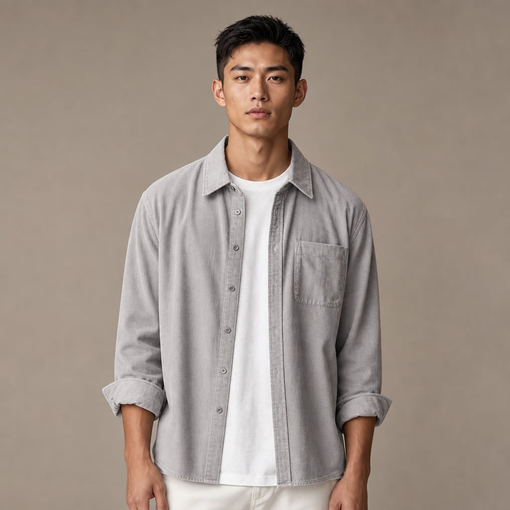Corduroy-Style Ribbed Button-Front Shirt Long Sleeve Pointed Collar in Light Gray – Tarlano Premium Menswear