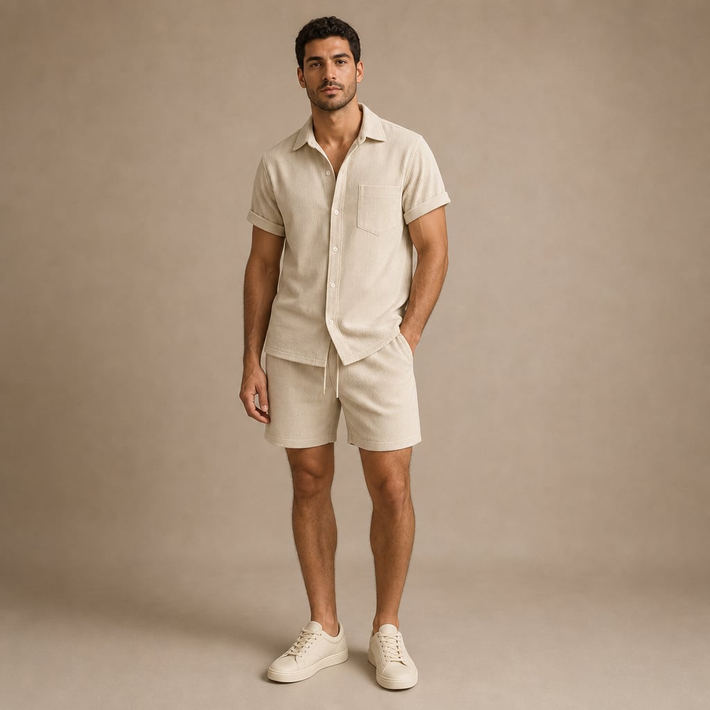 Corduroy Two-Piece Set Button Shirt and Drawstring Shorts in Beige – Tarlano Premium Menswear