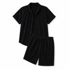 Corduroy Two-Piece Set Button Shirt and Drawstring Shorts Black – Product Photo