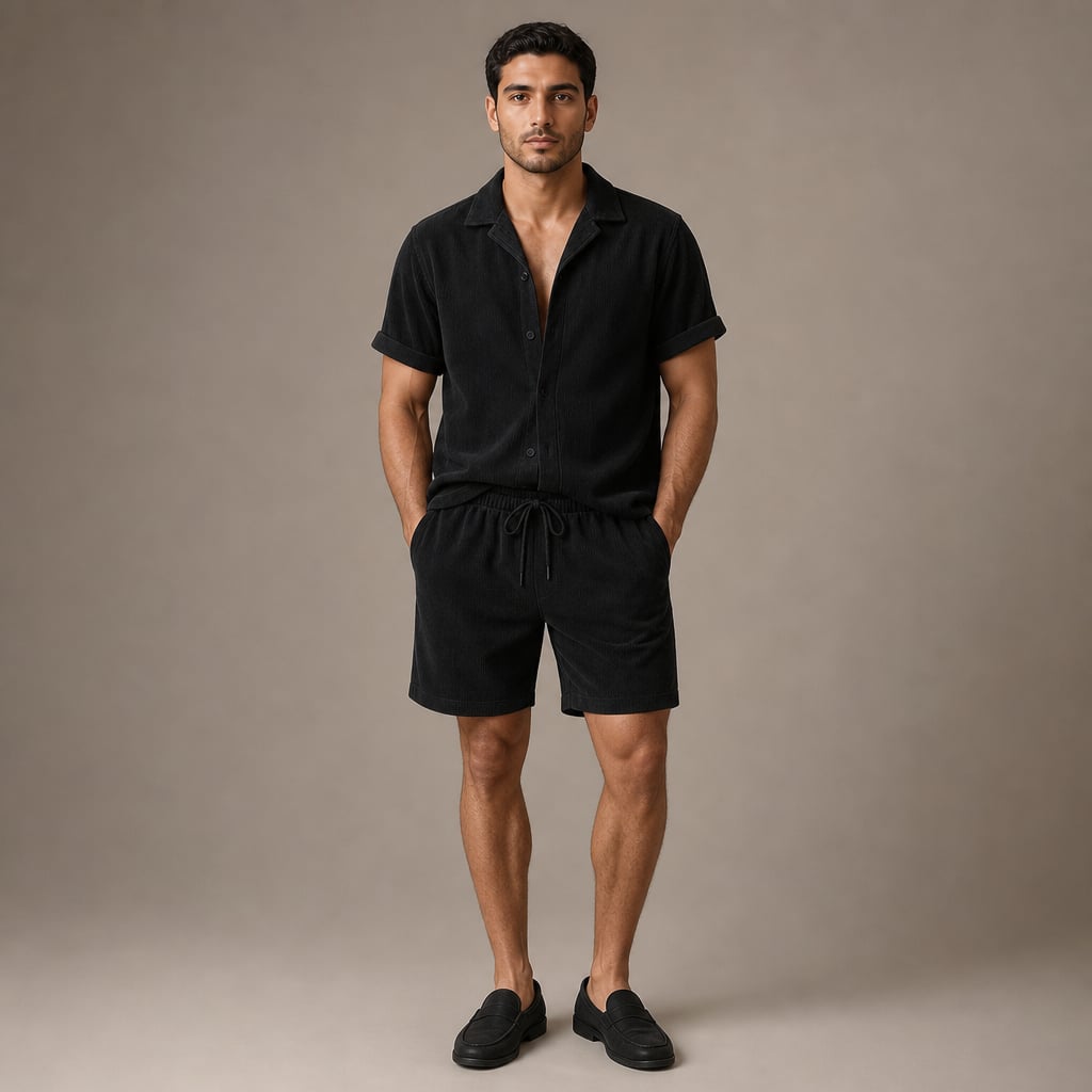 Corduroy Two-Piece Set Button Shirt and Drawstring Shorts in Black – Tarlano Premium Menswear