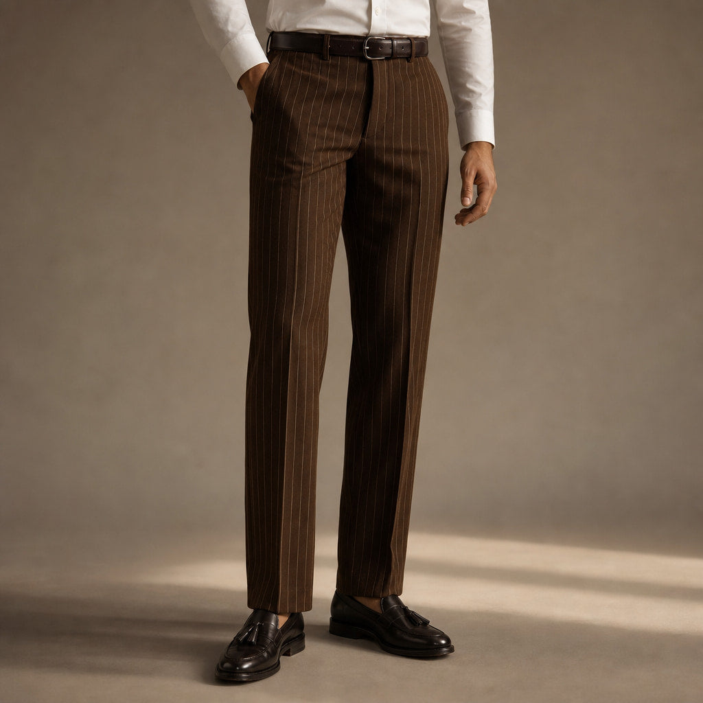 Dress Pants Textured Stripe Regular Fit Brown – Side Angle View