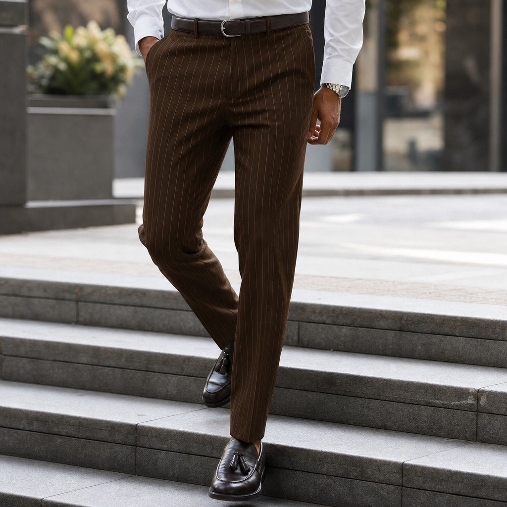Dress Pants Textured Stripe Regular Fit Brown – Styled Editorial Shot