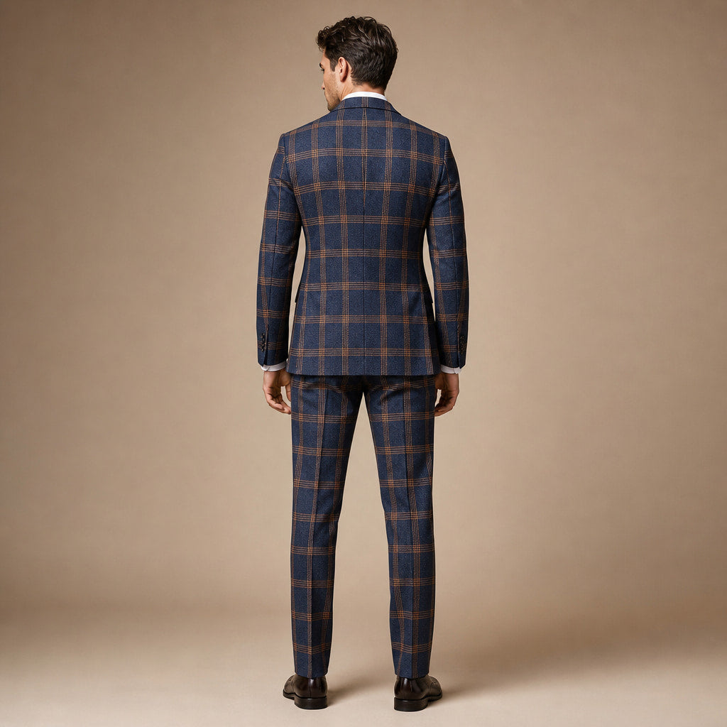 Three Piece Suit Brown Plaid Navy Navy – Side Angle View