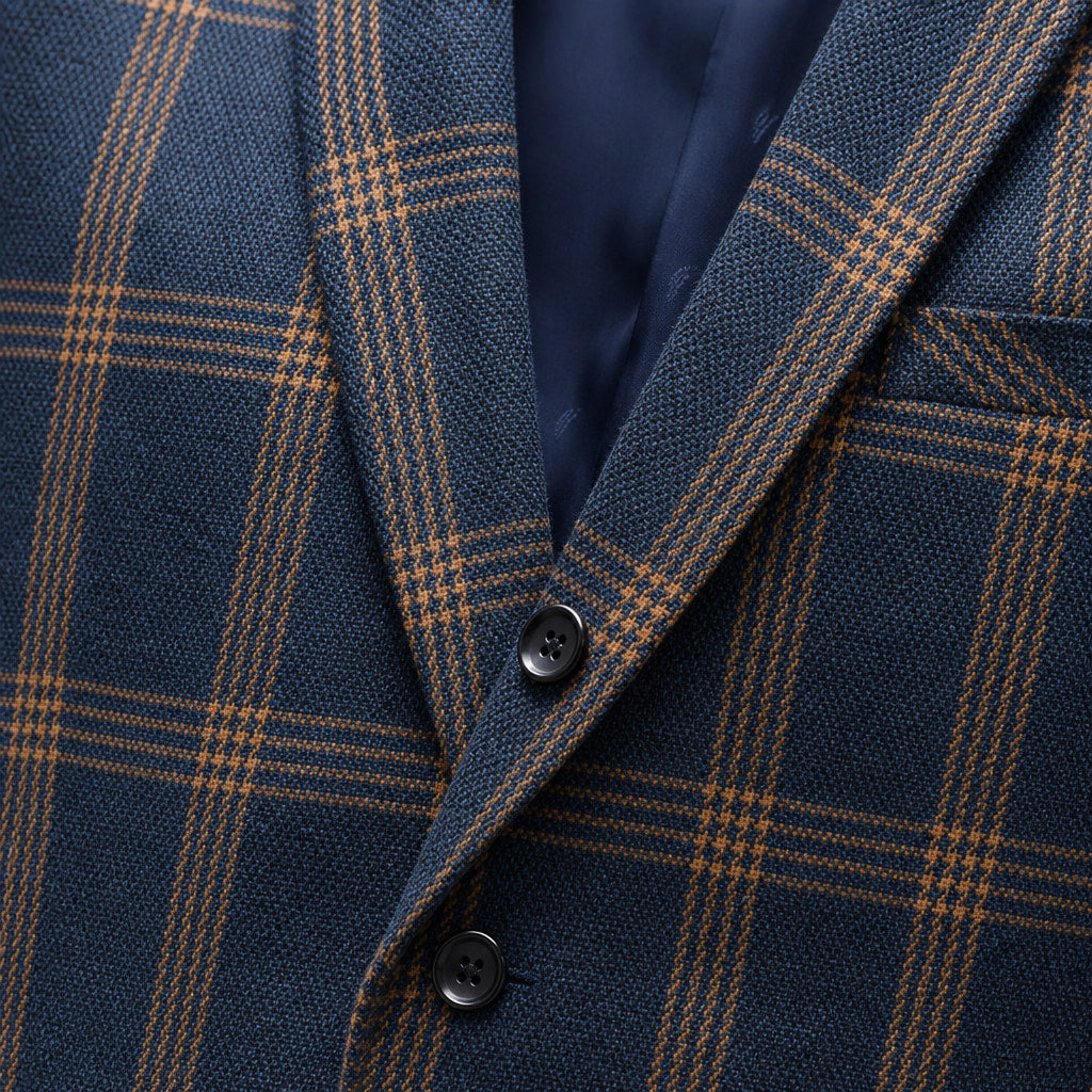 Three Piece Suit Brown Plaid Navy Navy – Fabric and Detail Close-Up