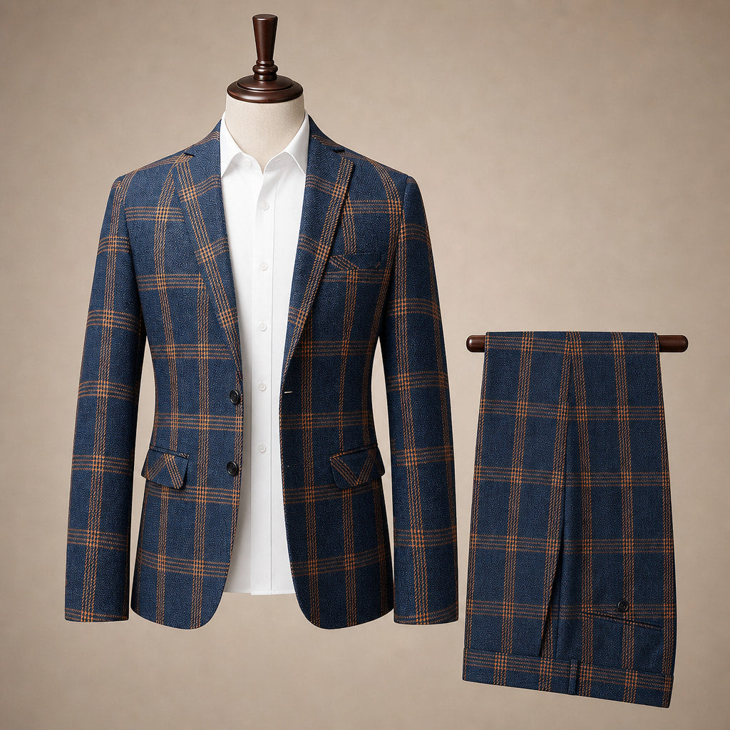 Three Piece Suit Brown Plaid Navy Navy – Product Photo
