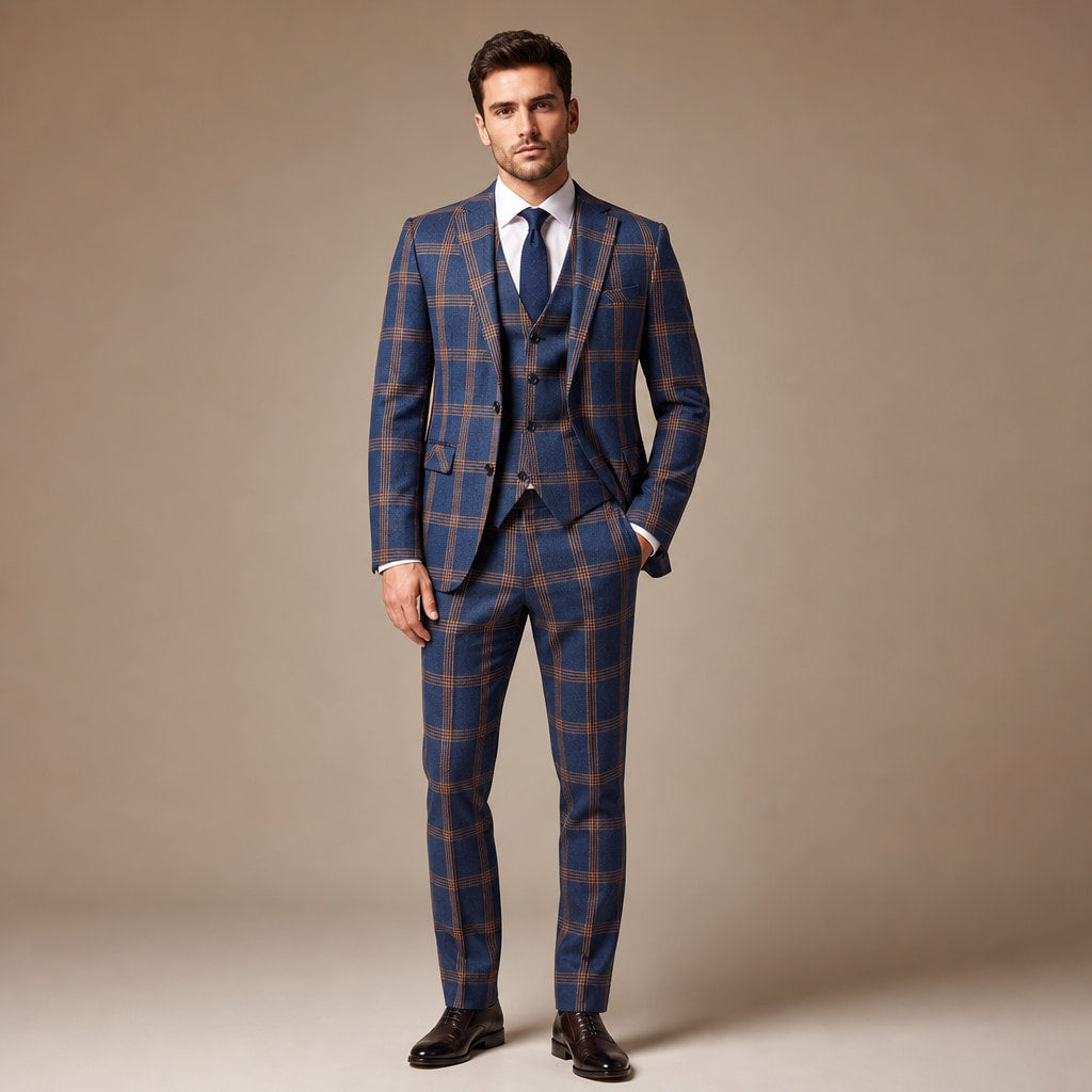 Three Piece Suit Brown Plaid Navy in Navy – Tarlano Premium Menswear