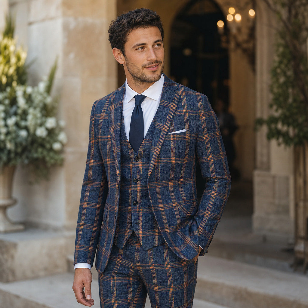 Three Piece Suit Brown Plaid Navy Navy – Styled Editorial Shot