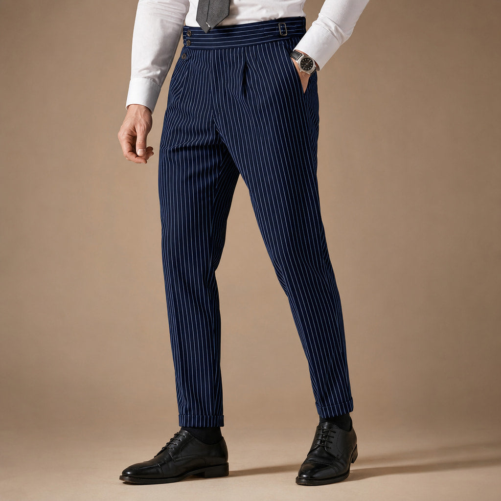 Dress Pants Striped Slim Fit Navy – Side Angle View