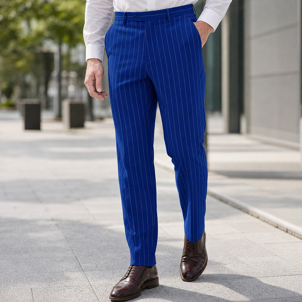 Dress Pants Striped Regular Fit Royal Blue – Styled Editorial Shot