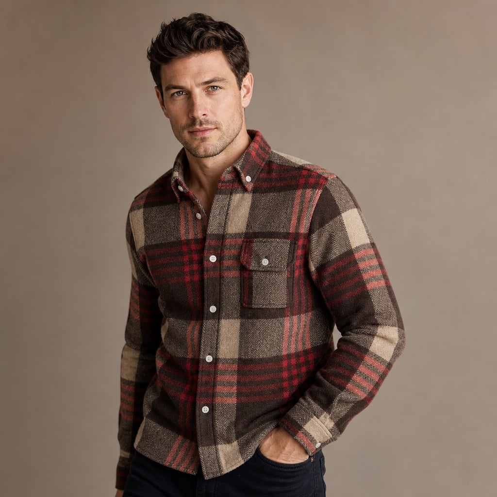 Cotton Flannel Shirt Brushed Texture Button-Down Red – Side Angle View