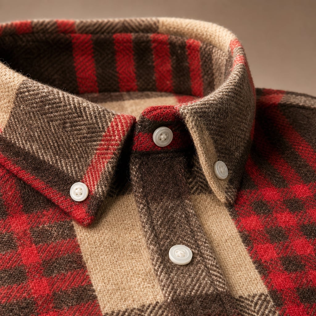 Cotton Flannel Shirt Brushed Texture Button-Down Red – Fabric and Detail Close-Up