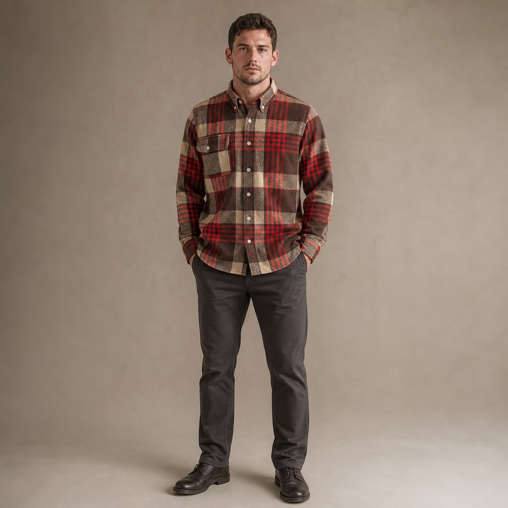 Cotton Flannel Shirt Brushed Texture Button-Down Red – Full Look