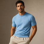 Crew Neck Merino Wool Blend Tee Tailored Fit Blue – Product Photo