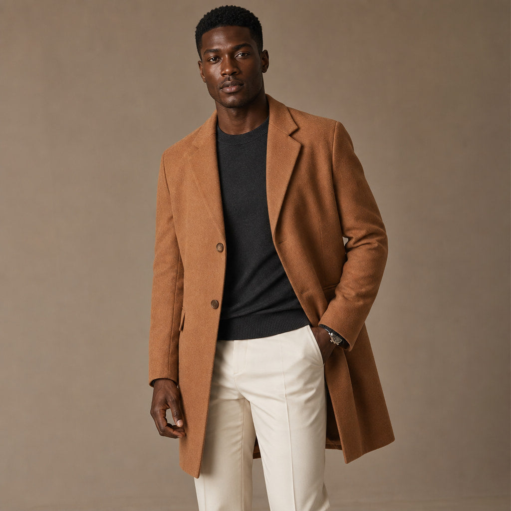 Dapper Camel-Brown Single-Breasted Overcoat For Men Brown – Side Angle View
