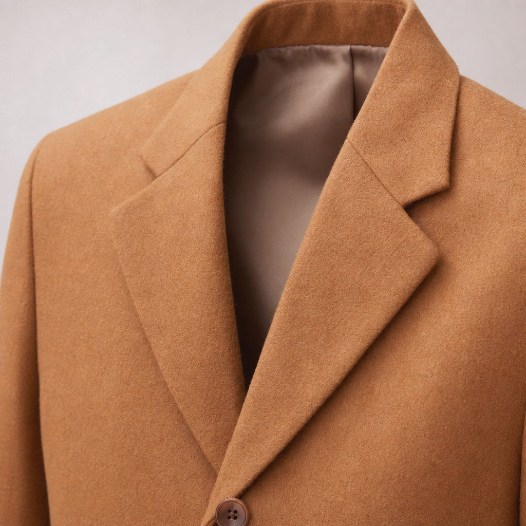 Dapper Camel-Brown Single-Breasted Overcoat For Men Brown – Fabric and Detail Close-Up