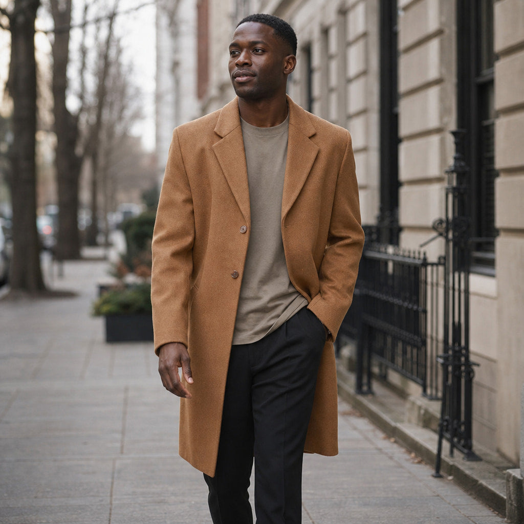 Dapper Camel-Brown Single-Breasted Overcoat For Men Brown – Styled Editorial Shot