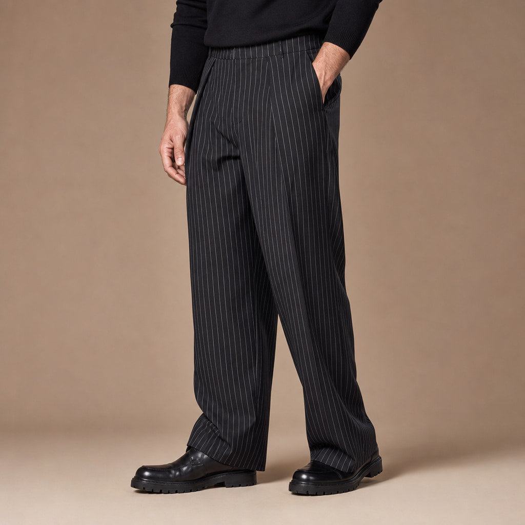 Pinstripe Trouser Wide Leg Black Black – Side Angle View