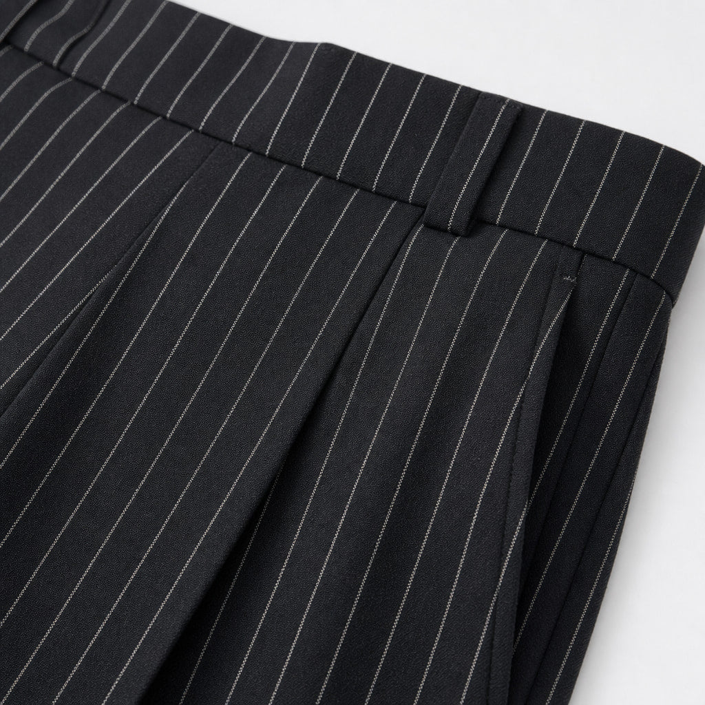 Pinstripe Trouser Wide Leg Black Black – Fabric and Detail Close-Up
