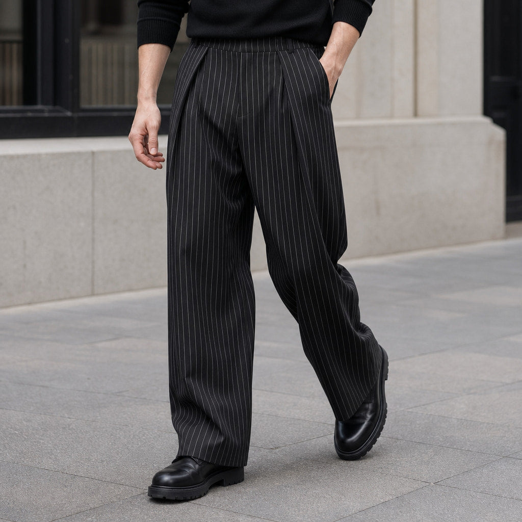 Pinstripe Trouser Wide Leg Black Black – Styled Editorial Shot