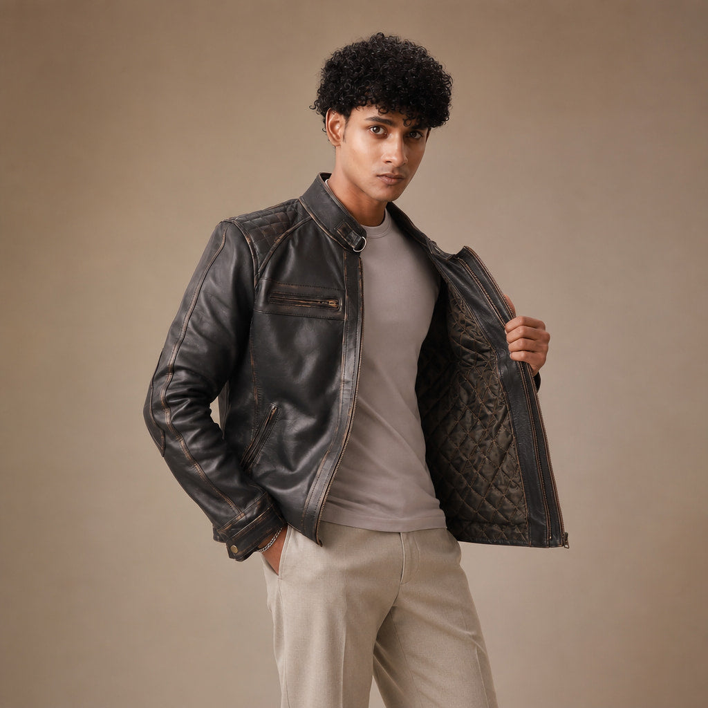 Dawnbreaker Distressed Brown Biker Style Leather Jacket Brown – Side Angle View