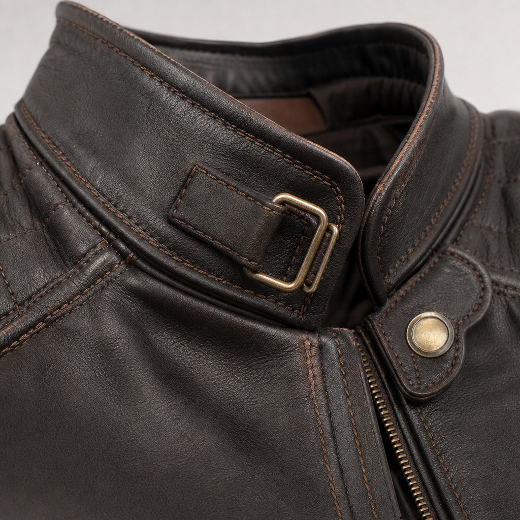 Dawnbreaker Distressed Brown Biker Style Leather Jacket Brown – Fabric and Detail Close-Up