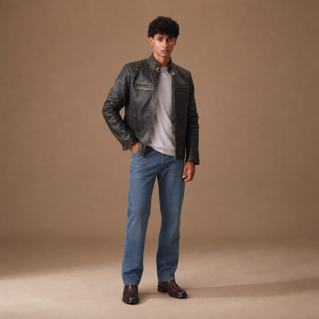Dawnbreaker Distressed Brown Biker Style Leather Jacket Brown – Full Look