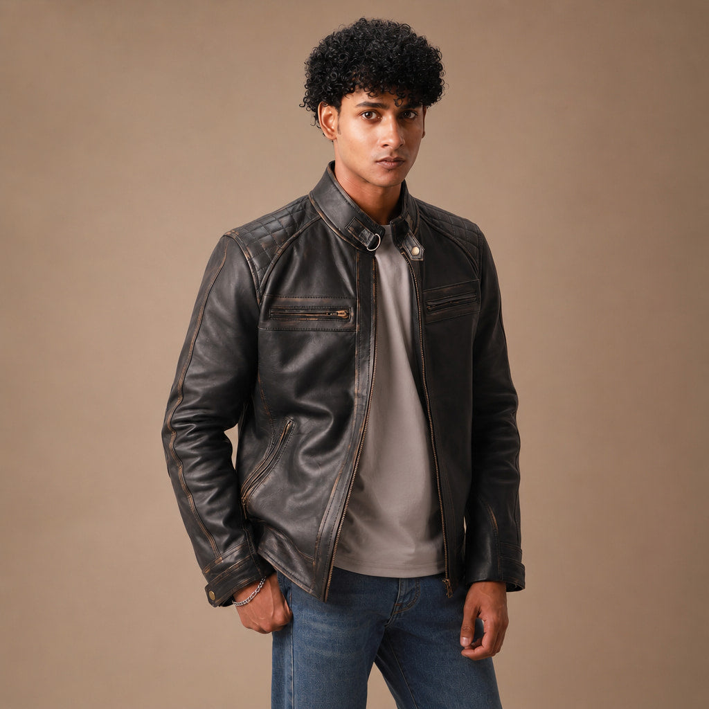Dawnbreaker Distressed Brown Biker Style Leather Jacket Brown – Product Photo