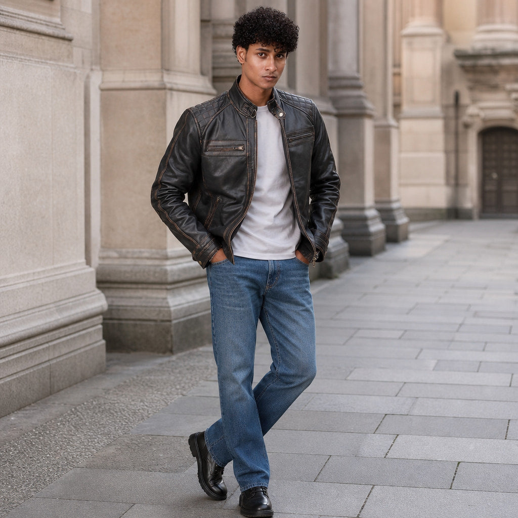 Dawnbreaker Distressed Brown Biker Style Leather Jacket Brown – Styled Editorial Shot